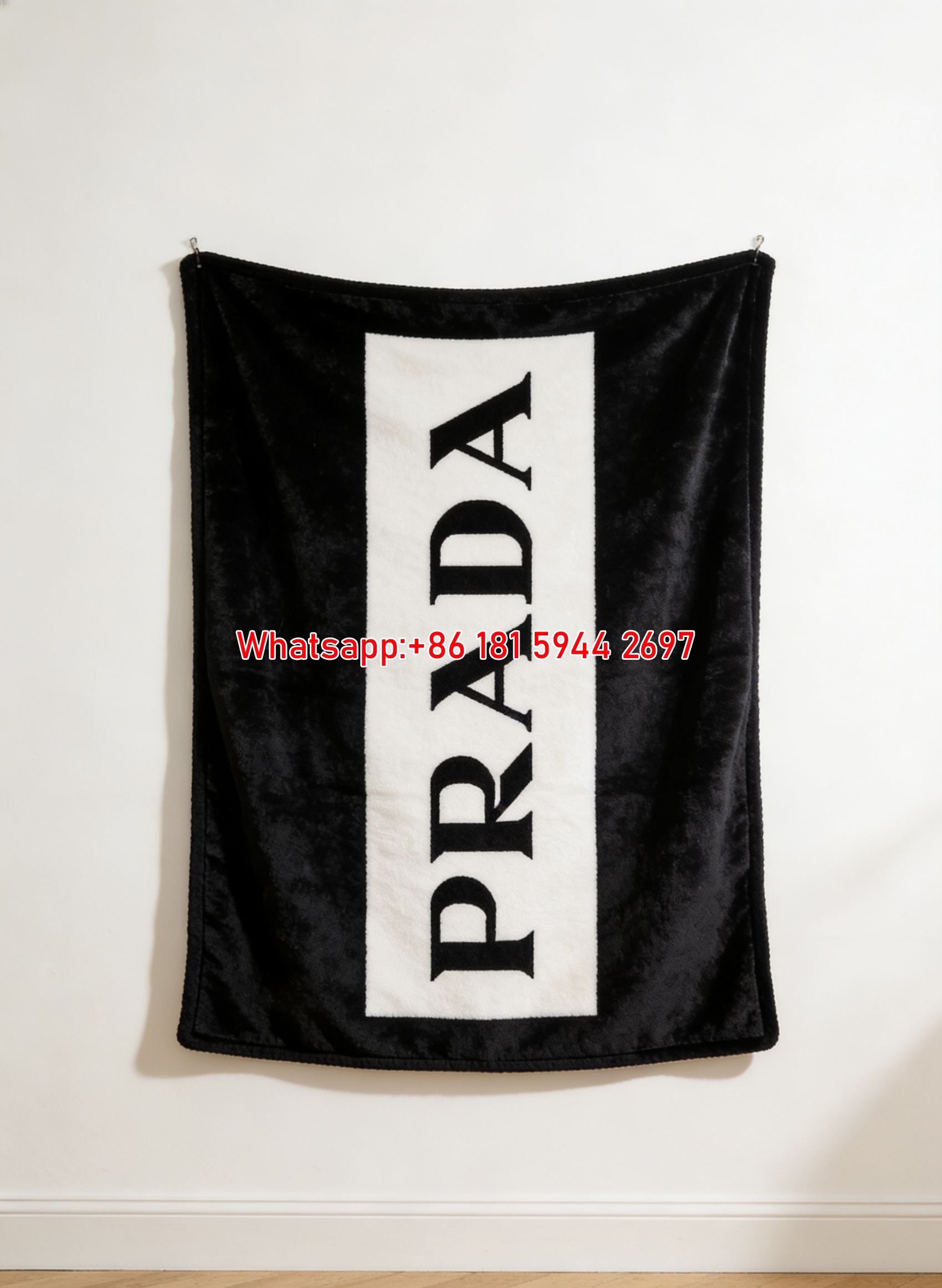 Prada Vertical Black White Logo Print Fleece Sofa Throw Blanket Luxury IMG_2684